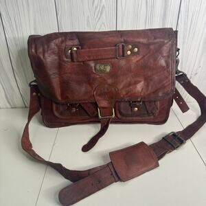1990s/1980s Vintage Brown Waxy Distressed Leather Work Bag 11 x 16  Briefcase